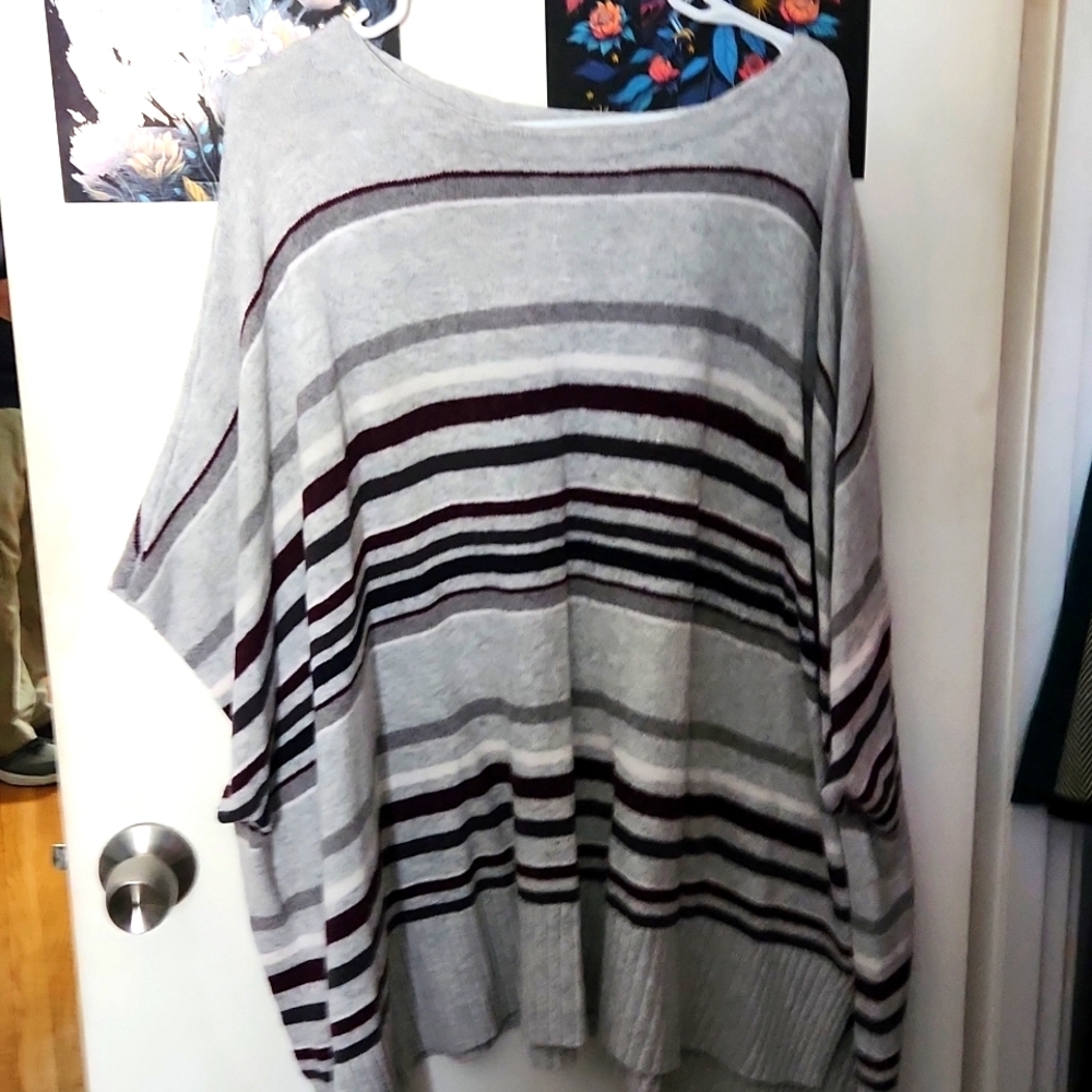 5/$25 LOFT Women's Poncho Sweater Gray Black Stripe Scoop Neck Oversize Cotton